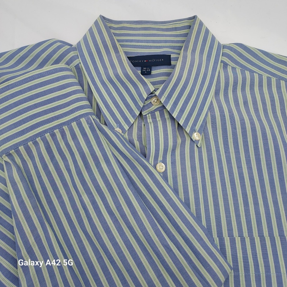 Tommy Hilfiger Mens Blue Green Striped Button Down Shirt 16.5 34-35 Large 70D170